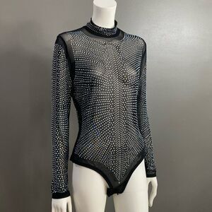 Source Unknown Black Mesh Rhinestone Long-Sleeve Bodysuit